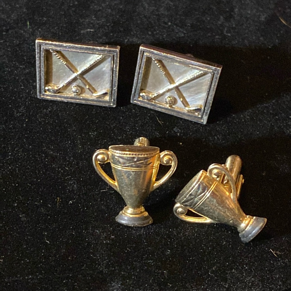 Vintage Men’s Silver & Gold Tone Trophy/ golf club Cufflinks Set Retro